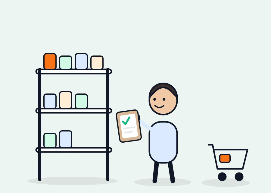 Illustration: Ein Außendienstler hakt am Lebensmittel-Regal die Checkliste ab, der Einkaufswagen steht daneben