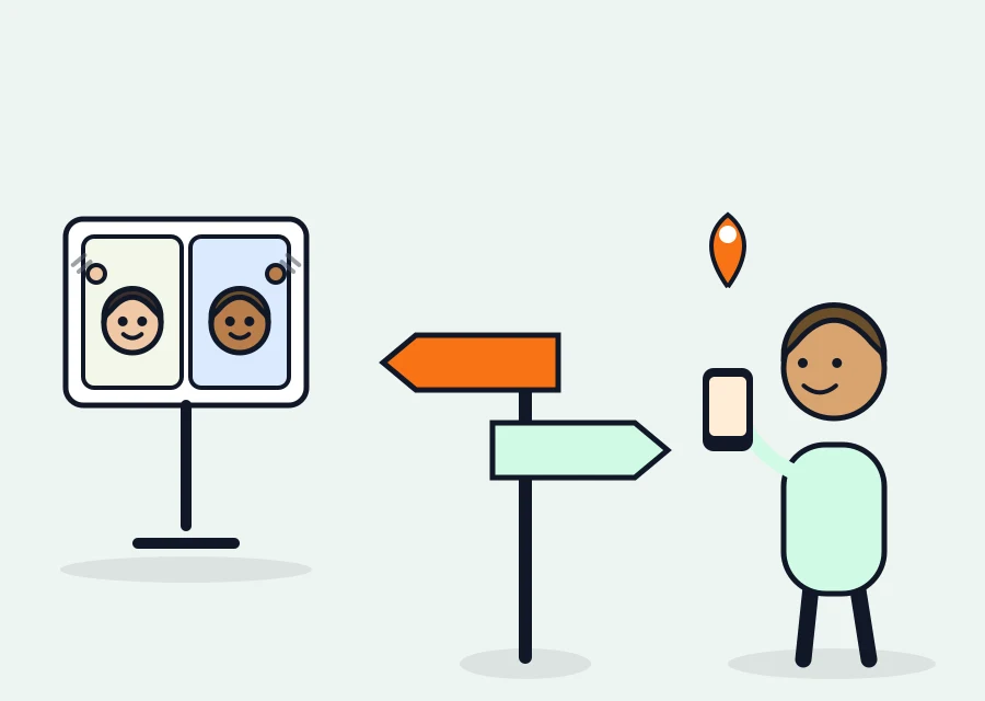 Illustration: Ein Wegweiser mit zwei Richtungen — links ein Video-Call mit zwei winkenden Gesichtern, rechts eine Figur, die die App am Smartphone erkundet