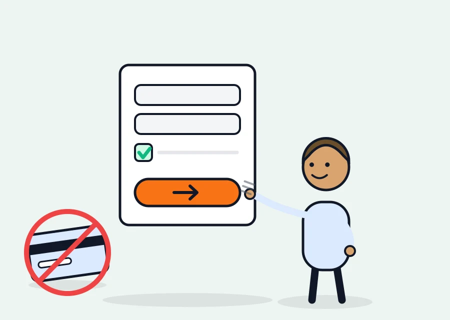 Illustration: Eine Figur drückt den orangen Button auf einem übergroßen Registrierungsformular — die Kreditkarte daneben ist durchgestrichen