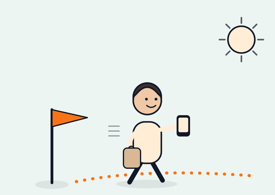 Illustration: Ein Außendienstler geht mit Smartphone und Tasche die gepunktete Route entlang, die Startfahne ist gesetzt