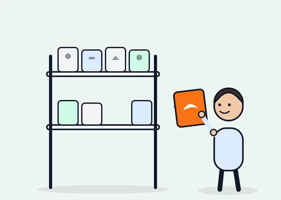 Illustration: Regal voller Software-Boxen — genau die orange wird herausgezogen