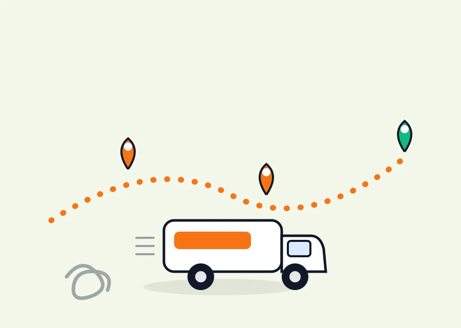 Illustration: Lieferwagen fährt eine glatte Route mit Karten-Pins — das verknotete Kritzel-Knäuel liegt am Straßenrand