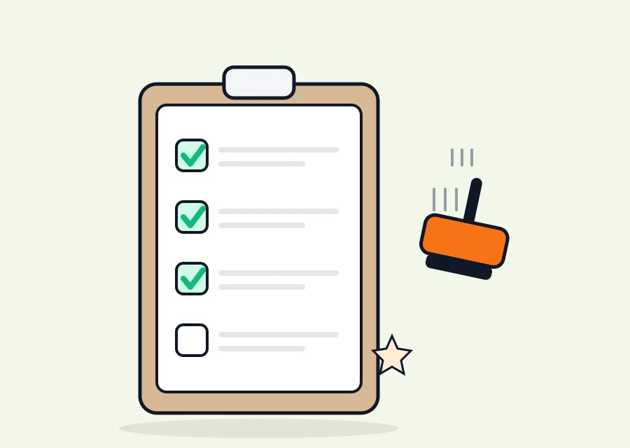 Illustration: Übergroßes Klemmbrett mit abgehakter Checkliste, ein XXL-Stempel setzt zum letzten Haken an